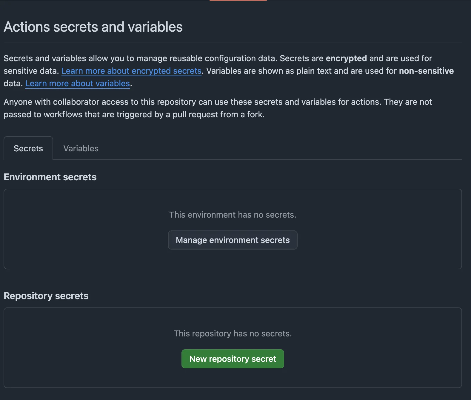 github actions secrets and variables
