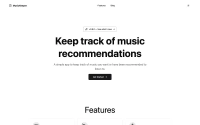 Page d’accueil de MusicKeeper présentant ses fonctions de suivi des recommandations musicales